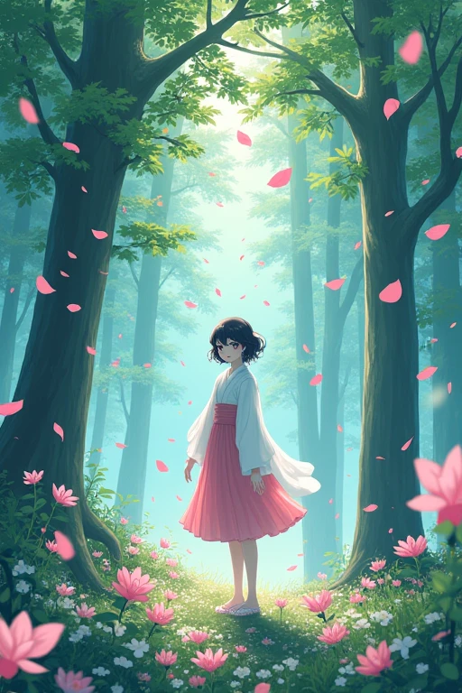 A Manga cover with pink flower petals falling in the background, a forest environment
