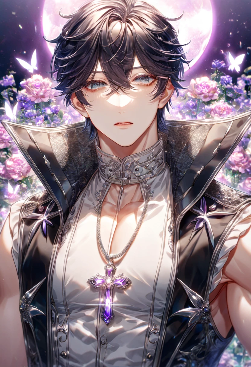 absurdres, highres, ultra detailed, HDR, master piece, best quality, extremely detailed, delicated features, Ruka Kurosuzeria, medium-length black hair, hair that parts just above his left eye, hair between the eyes, expressive gray eyes, Uragiri Was Boku No Namae O Shitteiru, adult face, solo, sexy man, handsome, sensual, black coat, sleeveless, white shirt with high collar, unbuttoned shirt, black gloves, cross necklace, silver accessories, fantasy, magical, radiant, dust, purple flames, purple moon, purple flowers, purple butterflies, garden, demon race