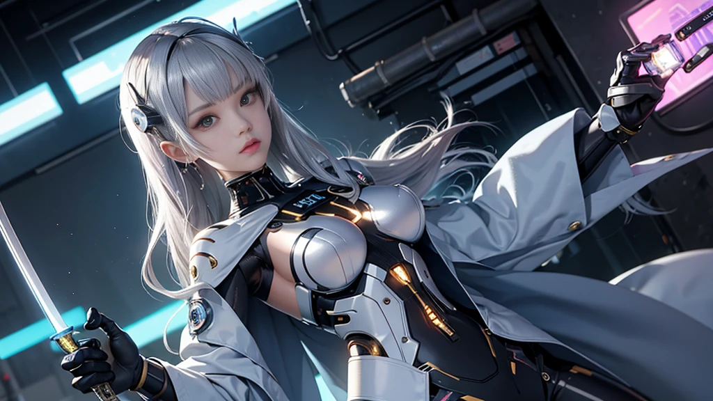 A woman with a futuristic suit holding a sword, 美少Female Cyborg, Cyborg Womanの子, perfect anime Cyborg Woman, Cyborg - Girl, 美しい白人の少Female Cyborg, Beautiful Cyborg Shrine Maiden, Cyborg Woman, beautiful alluring Female Cyborg, Cyberpunk Robot Elf Queen, Cyborg - with silver hair, beautiful Female Cyborg, beautiful Cyborg Womanの子, Female Cyborg, goddess. Extremely high detail, Cyborg Queen&#39;s Portrait, 非常に詳細なgoddessショット, Half Body Machine, inorganic, Next-generation high-performance cyborgs, goddess of Machines, The perfect cyborg, The ultimate replicant, A masterpiece created by ultra-high performance AI, Ultimate Weapon, Highest quality, The perfect angle, Perfect composition, Sharp contours, Best Shot, Perfect shape, Perfect model style, Very beautiful and detailed, Hollow Eyes, Blue Eyes Without Pupils