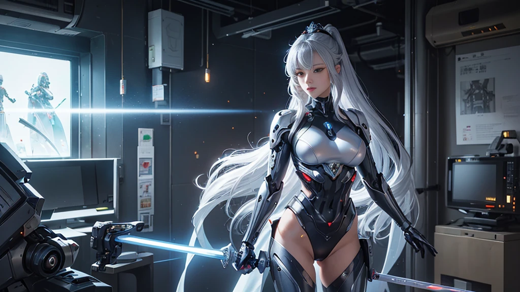 A woman with a futuristic suit holding a sword, 美少Female Cyborg, Cyborg Womanの子, perfect anime Cyborg Woman, Cyborg - Girl, 美しい白人の少Female Cyborg, Beautiful Cyborg Shrine Maiden, Cyborg Woman, beautiful alluring Female Cyborg, Cyberpunk Robot Elf Queen, Cyborg - with silver hair, beautiful Female Cyborg, beautiful Cyborg Womanの子, Female Cyborg, goddess. Extremely high detail, Cyborg Queen&#39;s Portrait, 非常に詳細なgoddessショット, Half Body Machine, inorganic, Next-generation high-performance cyborgs, goddess of Machines, The perfect cyborg, The ultimate replicant, A masterpiece created by ultra-high performance AI, Ultimate Weapon, Highest quality, The perfect angle, Perfect composition, Sharp contours, Best Shot, Perfect shape, Perfect model style, Very beautiful and detailed, Hollow Eyes, Blue Eyes Without Pupils