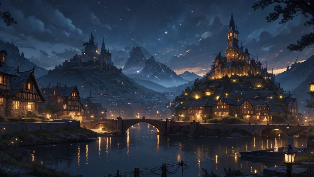 ((masterpiece)),((Highest quality)),((High Detail)),nobody,background, fantasy,Medieval town, night, Overlooking