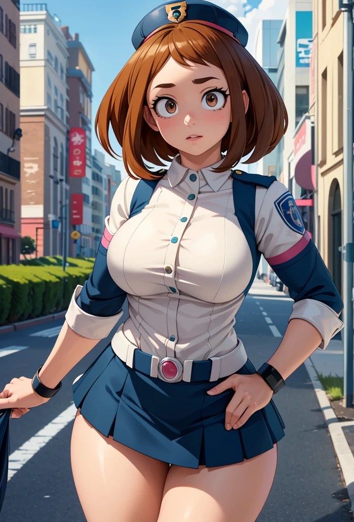 (masterpiece, best quality, ultra detailed, absurdres)1.5, 1girl, (sexy, beautiful woman, perfect face, perfect eyes, perfect female body, huge breasts)1.5, (nobara kugisaki, bob cut, brown hair, lips, short hair, belt, brown belt, brown pantyhose, crop top, crop top overhang, JUJUTSU TECH UNIFORM, jacket, gakuran, pantyhose, pleated skirt, shirt tucked in, skirt, blue skirt, blue crop top, ), (standing, empty street, Japanese street, Japanese city in background, cloudy), perfect lighting, smooth, hdr, upskirt, lifting skirt , POV, Point of view from below , Nsfw