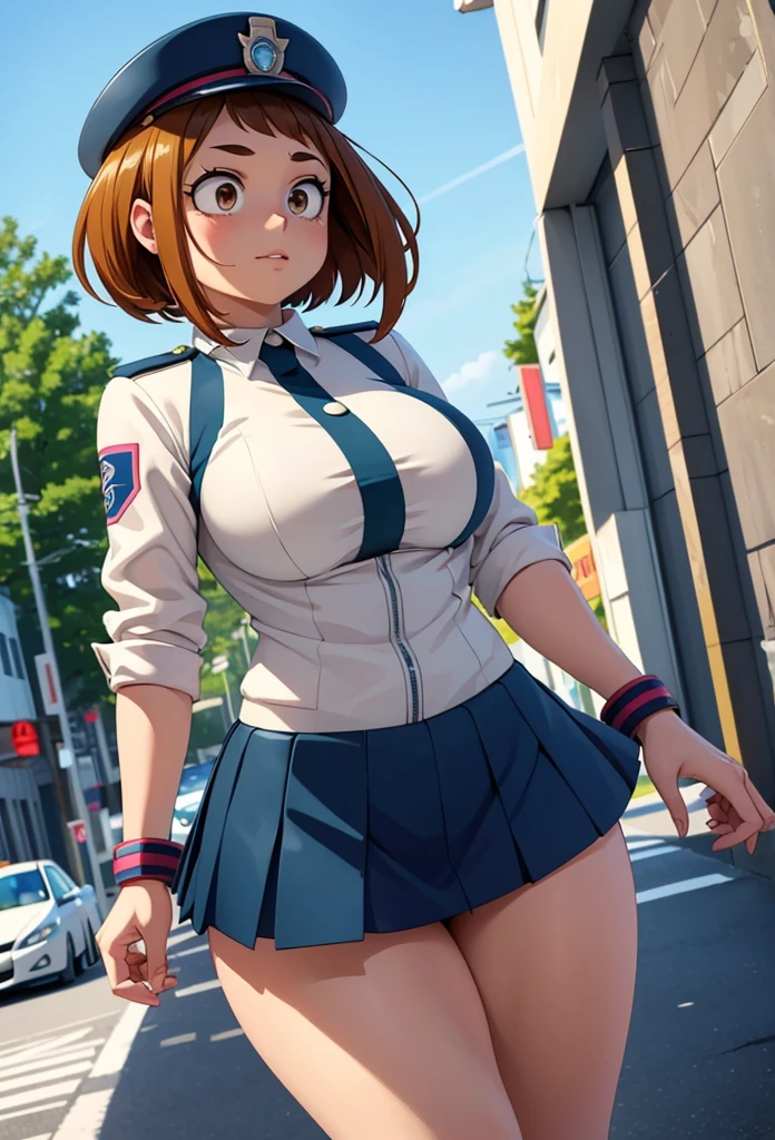 (masterpiece, best quality, ultra detailed, absurdres)1.5, 1girl, (sexy, beautiful woman, perfect face, perfect eyes, perfect female body, huge breasts)1.5, (nobara kugisaki, bob cut, brown hair, lips, short hair, belt, brown belt, brown pantyhose, crop top, crop top overhang, JUJUTSU TECH UNIFORM, jacket, gakuran, pantyhose, pleated skirt, shirt tucked in, skirt, blue skirt, blue crop top, ), (standing, empty street, Japanese street, Japanese city in background, cloudy), perfect lighting, smooth, hdr, upskirt, lifting skirt , POV, Point of view from below , Nsfw