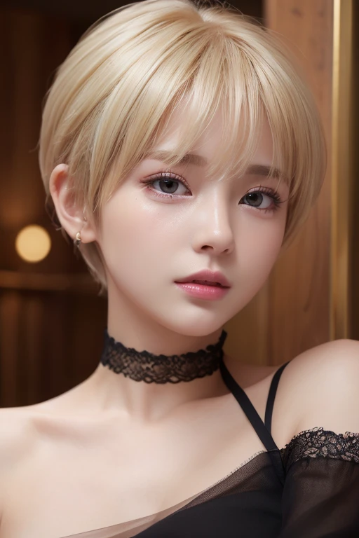 (Highest quality、4K、8k、High resolution、masterpiece:1.2)、Very detailed、(Genuine、Realistic、Realistic:1.3)、blonde、Pixie Cut、Black choker、((Completely naked))、Private room、Placing hands on chest