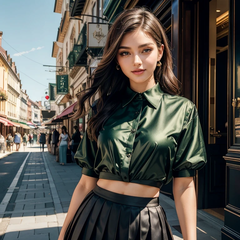 (masterpiece, best quality:1.5), highest quality, High resolution, super detailed, Realists, Full body photo of a brunette 22 year old woman, detailed and beautiful eyes, beautiful detailed lips, very detailed eyes and face, longeyelashes, 22-year-old woman in a dark green shirt made of shiny satin and a black pleated skirt, Beautiful and colorful makeup, elegant and noble々Pose,shiny satin headband,, City as background, bright daylight, bright colors, fine brushstrokes, Portrait style, beautiful color palette, glowing skin, First-class rendering, that captures every detail, enchanting atmosphere, (perfect anatomy:1.2), (The stunning woman is wearing a dark green satin shirt and a black pleated skirt. She smiles flirtatiously., Showcasing her figure (magnificent panorama view:1.2)