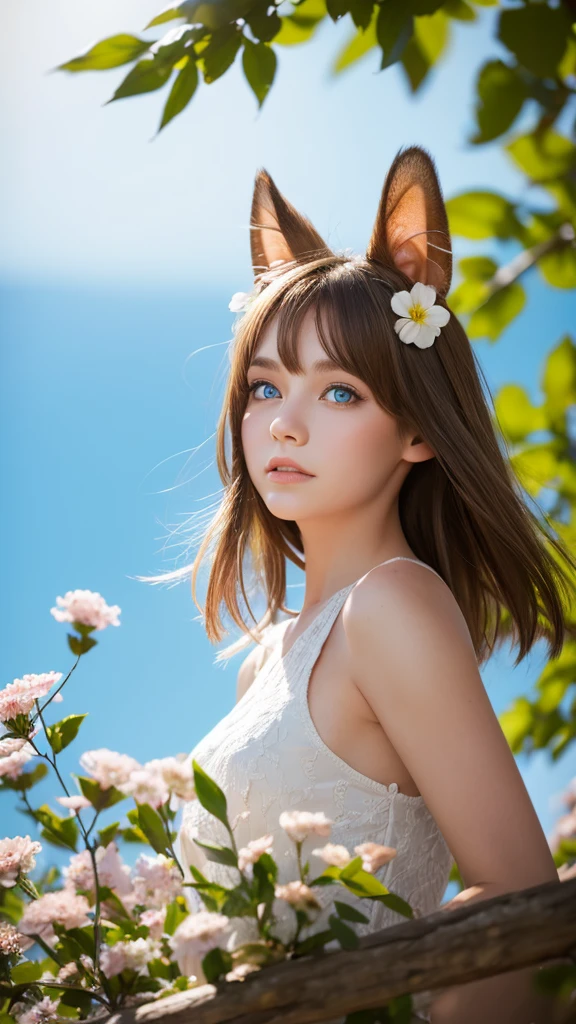 One person, Hair blowing in the wind, Squirrel ears, blue eyes, Wide-angle shot, flower on head, Background blur, Digital Art, 