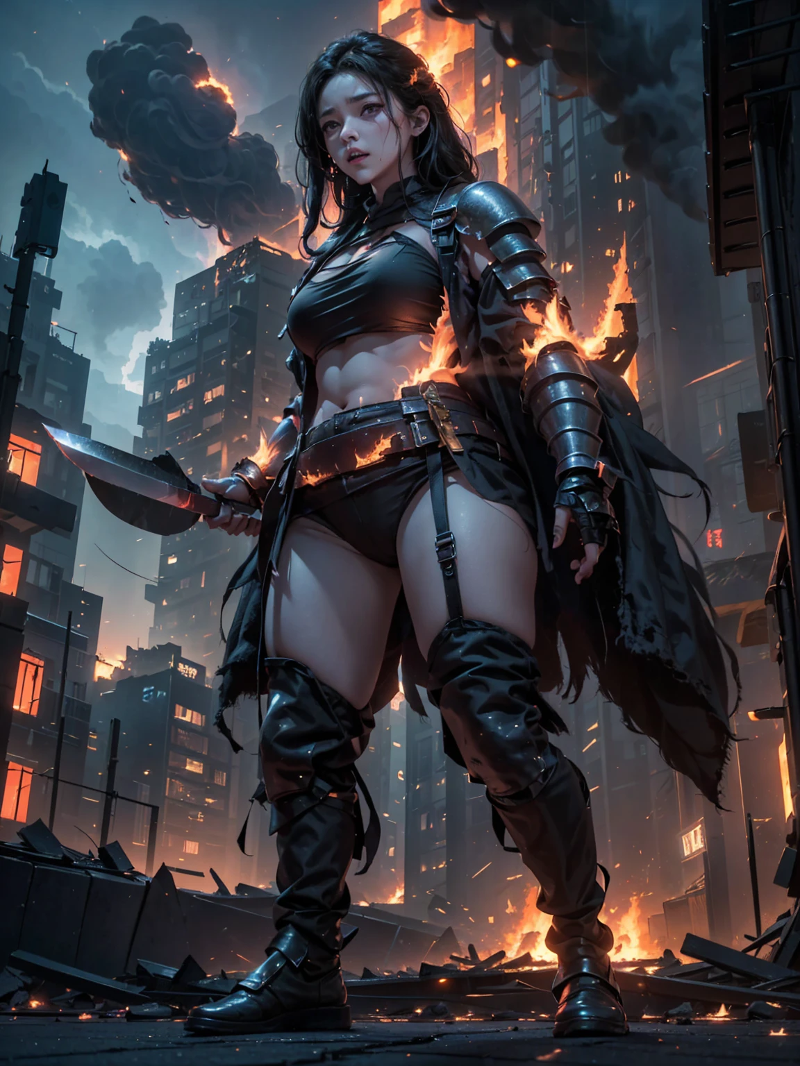 Photo of a female hero in shining armor, ((Fight giant monsters made of thick black smoke)),Set in a cityscape with fiery buildings, Some collapsed, And the sky was filled with thick smoke, ((Stabbing the Monster))