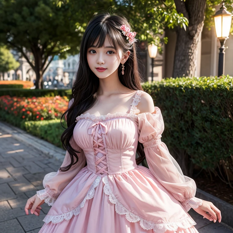 Bow at the back of the waist, Skirt length to calf, cupcake dress, Layered skirt with lace on each layer, Wear a LOLITA dress, layered dress, Pink lolita skirt, lots of lace, Long sleeve, Wide sleeves, Big skirt, layered lace skirt, Puff sleeves, Wide sleeves, Transparent sleeves, intricate details showcase the ruffles and intricate designs of the Lolita dress, Wearing a lolita dress, in the amusement park, at disneyland, best quality, Delicate face，beautiful visual work, lifelike, eternity, black hair, Long curly hair, blunt bangs, Smile, Detailed Background, Delicate face，blush，cold，((masterpiece))、(top quality)、8k、high detail、Super detailed，41-year-old female， masterpiece、born、Scenes resembling fairy tale illustrations、intricate details和複雜的設計、Beautifully、magic、capricious、 Beautifully、Dream aesthetics、「𝓡𝓸𝓶𝓪𝓷𝓽𝓲𝓬、ethereal、charming、fickle、magic」、realism、Visual effects、FXAA、SSAO、Shader、voiceless、ambient lighting、Tone mapping、High resolution、Ultra high quality、Million pixels、(8K resolution:1.10)、8k、8k以下、8K resolution、high detail、intricate details， (high quality:1.2、masterpiece:1.2、:1.21)、(41-year-old female:1.21)、(興奮地Smile)、(Surrounded by a dreamy atmosphere、Model diagram，full-body shot，Normal 2 feet，Put your hands behind you，The protrusion of the breast is visible when wearing clothes, Large Breasts, H cup chest, pink clothes, Don&#39;t show your fingers, full-body shot， full-body shot，full-body shot，full-body shot，full-body shot，full-body shot，full-body shot，full-body shot，hands hidden in clothes, hands hidden in clothes,hands hidden in clothes,hands hidden in clothes,hands hidden in clothes,hands hidden in clothes,hands hidden in clothes,hands hidden in clothes,hands hidden in clothes, ,hands hidden in sleeves ,hands hidden in sleeves ,hands hidden in sleeves ,hands hidden in sleeves ,hands hidden in sleeves ,hands hidden in sleeves ,hands hidden in sleeves ,hands hidden in sleeves, arms behind back, arms behind back, side view, side angle, Each layer of the cake skirt has lace, side view, side angle