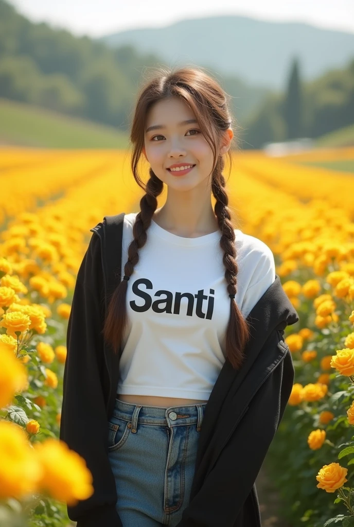 1 girl, Korean with beautiful skin, well-groomed face, flowers, roses, solo, outdoor, field, white short t-shirt, long black shirt, with Santi name logo, holding, braided hair, flower field, Levis pants, realistic, brown hair, smiling , brown eyes, black hair, long, twintails, looking towards the viewer, standing, yellow flowers