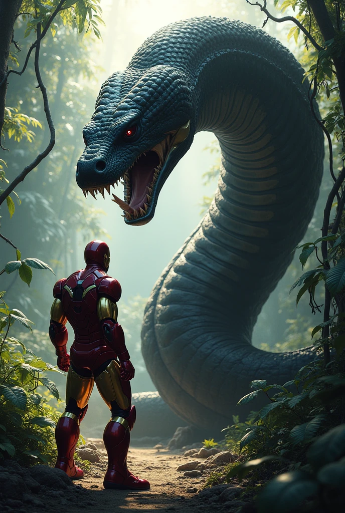 Ironman afraid from very big anaconda and fall in front of a very big black anaconda