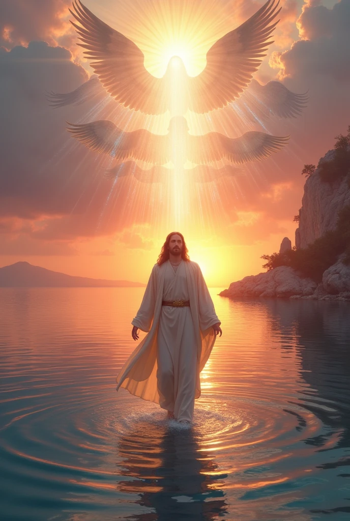 Jesus walking on the water at sunset ( visible sun) 8K angels with trumpets descending in a line from the clouds (angels radiating blue light)