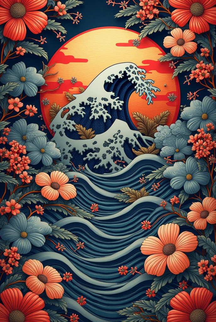 Traditional Japanese patterns in detail - intricate hemp leaf, scales, flowers, waves, complex patterns, visually appealing, rich colors, deep indigo, vibrant red, gold accents. Traditional Japan, traditional Japanese art and culture. Challenging, sense of accomplishment, digital art. Beautiful art Digital Painting 4K detailed digital art