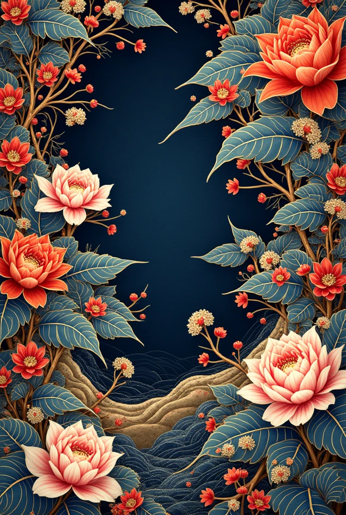 Traditional Japanese patterns in detail - intricate hemp leaf, scales, flowers, waves, complex patterns, visually appealing, rich colors, deep indigo, vibrant red, gold accents. Traditional Japan, traditional Japanese art and culture. Challenging, sense of accomplishment, digital art.　Beautiful art　Digital Painting　4K detailed digital art