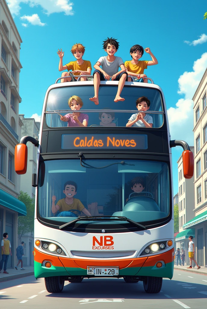 A double-decker tour bus with 4 male friends on top, the bus is written going to Caldas Novas and with a logo that says NB EXCURSÕES. The bus is white and the four friends are characterized as if they were in the Thenshi Muio universe.