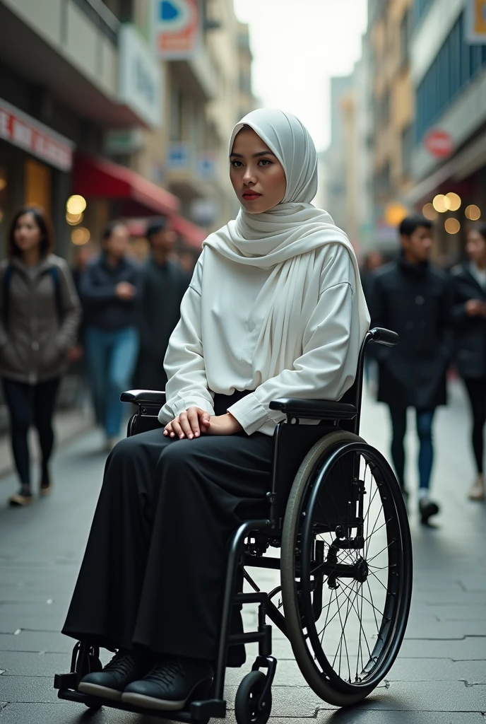hijab white women wheelchair black stockings in street