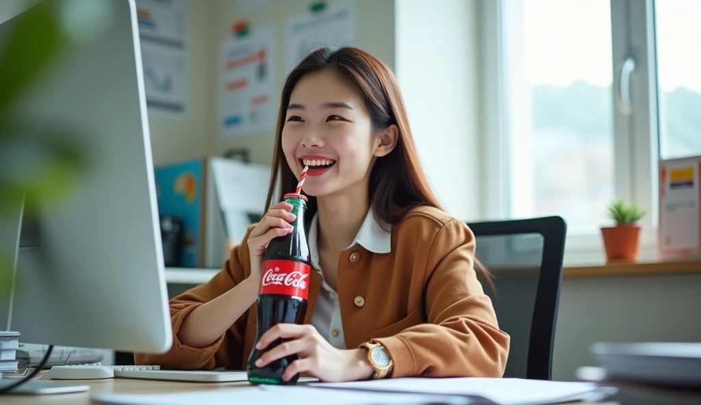 A happy Korean woman,  excitedly drinks Coca-Cola at an office, desk, in the workplace, sitting at a desk with a computer and many documents on it, in daylight, cool light, 
