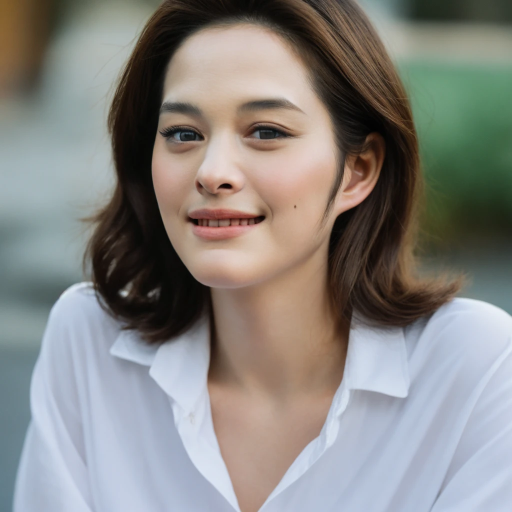 1girl, upper body, Realistic photograph best quality portrait of a beautiful gorgeous young cute Asian woman, 21yo., looking something, detailed face, Realistic texture human skin, very beauty long and slender bright glowing face, curved eyebrows, droopy hooded eyes, low nasal bridge, wavy nose, full wide lips, bright smiling, ponytail, studio portrait, (((young Marion Cotillard blended face mixed with young Anne Hathaway))), wearing loosed oversized white shirt, flirting smiling portrayal, ethereal girl, intimate lighting sturdy, real photo, brown eyes, zoomed, best quality, masterpiece, Leica SL3, Summicron-SL 75mm ASPH, F/1.8, (cinematic still:1.2), Film Never Die Kiro 400 film, bokeh, rim lighting, silhouette, shallowed depth of field,