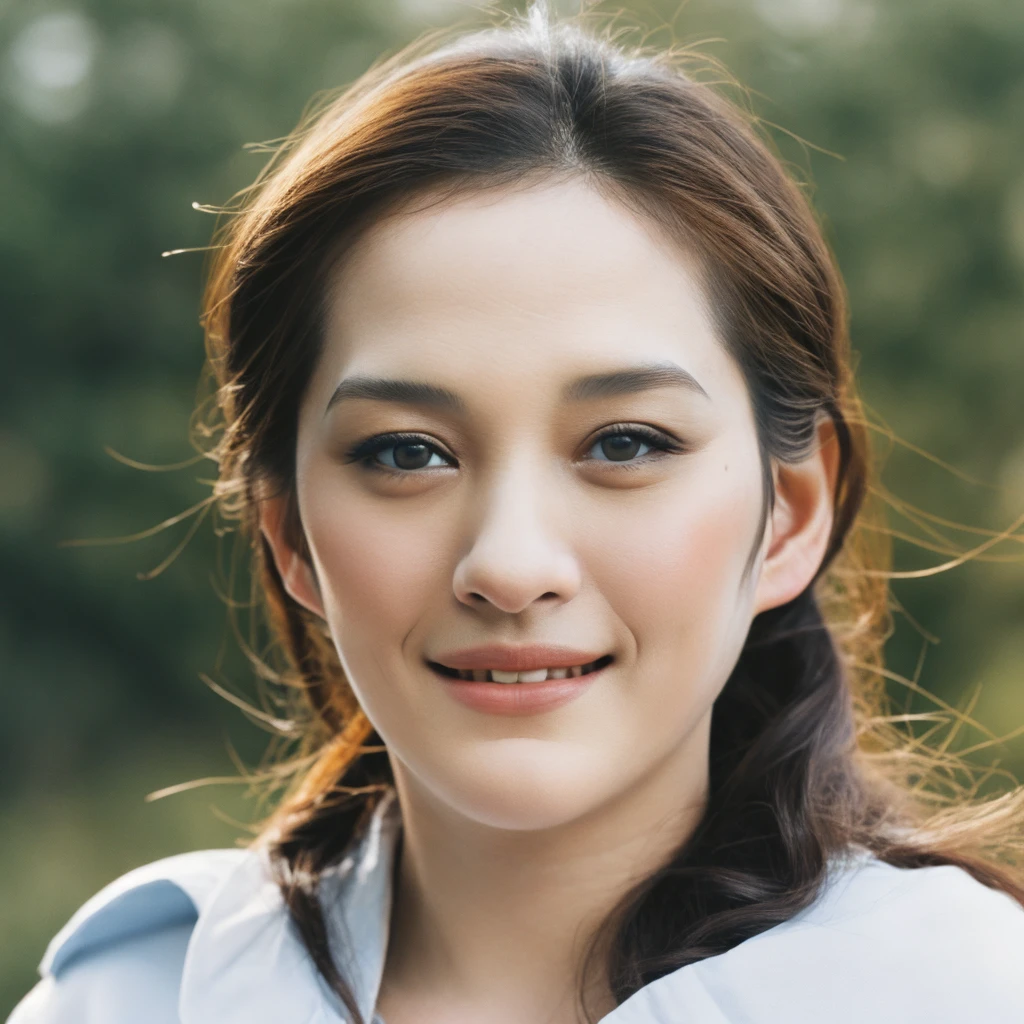1girl, upper body, Realistic photograph best quality portrait of a beautiful gorgeous young cute Asian woman, 21yo., looking something, detailed face, Realistic texture human skin, very beauty long and slender bright glowing face, curved eyebrows, droopy hooded eyes, low nasal bridge, wavy nose, full wide lips, bright smiling, ponytail, studio portrait, (((young Marion Cotillard  blended face mixed with young Anne Hathaway))), wearing loosed oversized white shirt, flirting smiling portrayal, ethereal girl, intimate lighting sturdy, real photo, brown eyes, zoomed, best quality, masterpiece, Leica SL3, Summicron-SL 75mm ASPH, F/1.8, (cinematic still:1.2), Film Never Die Kiro 400 film, bokeh, rim lighting, silhouette, shallowed depth of field,