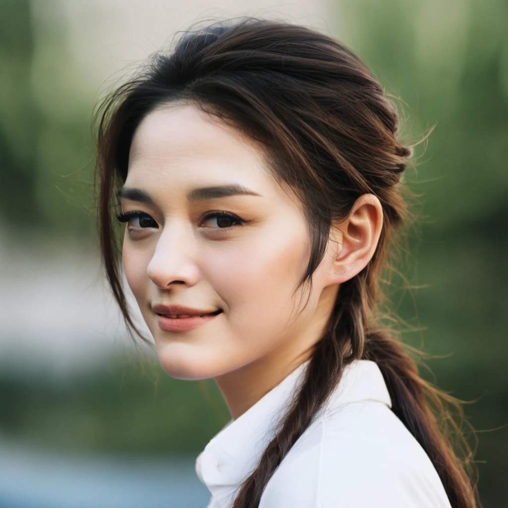 1girl, upper body, Realistic photograph best quality portrait of a beautiful gorgeous young cute Asian woman, 21yo., looking something, detailed face, Realistic texture human skin, very beauty long and slender bright glowing face, curved eyebrows, droopy hooded eyes, low nasal bridge, wavy nose, full wide lips, bright smiling, ponytail, studio portrait, (((young Marion Cotillard  blended face mixed with young Anne Hathaway))), wearing loosed oversized white shirt, flirting smiling portrayal, ethereal girl, intimate lighting sturdy, real photo, brown eyes, zoomed, best quality, masterpiece, Leica SL3, Summicron-SL 75mm ASPH, F/1.8, (cinematic still:1.2), Film Never Die Kiro 400 film, bokeh, rim lighting, silhouette, shallowed depth of field,