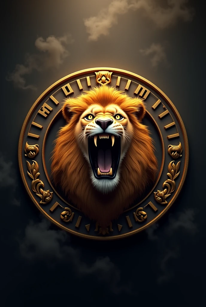 A lion roars within a circular logo. Golden lettering reads ‘MARTIN’. 4k with smoke and orange lights.