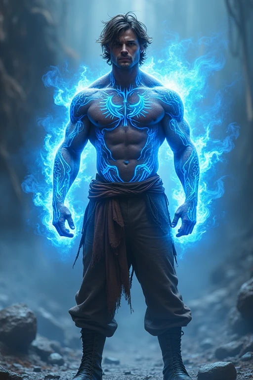 Make a muscular man with messy brown hair, with brown pants on one side and brown boots, his body is full of blue demonic symbols, this one has the power to control blue energy