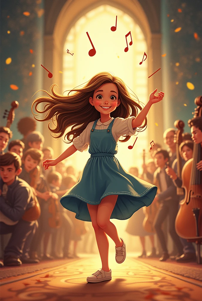 a cartoon drawing of a joyful, celebratory scene inspired by the music of Beethoven's Ode to Joy, highly detailed, photorealistic, 1 girl dancing with a violin, beautiful detailed face and eyes, long flowing hair, bright colors, dynamic lighting, intricate background with musical instruments, notes, and imagery evoking classical music, vibrant palette, masterpiece, 8k