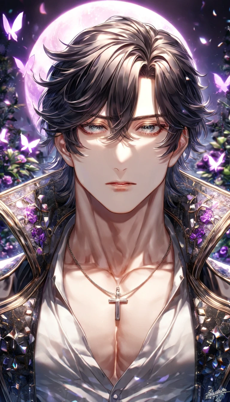 absurdres, highres, ultra detailed, HDR, master piece, best quality, extremely detailed, delicated features, Ruka Kurosuzeria, medium-length black hair, hair that parts just above his left eye, hair between the eyes, expressive gray eyes, Uragiri Was Boku No Namae O Shitteiru, adult face, mature man, solo, sexy man, handsome, sensual, black coat, sleeveless, white shirt with high collar, unbuttoned shirt, black gloves, cross necklace, silver accessories, fantasy, magical, radiant, dust, purple flames, purple moon, purple flowers, purple butterflies, garden, demon race