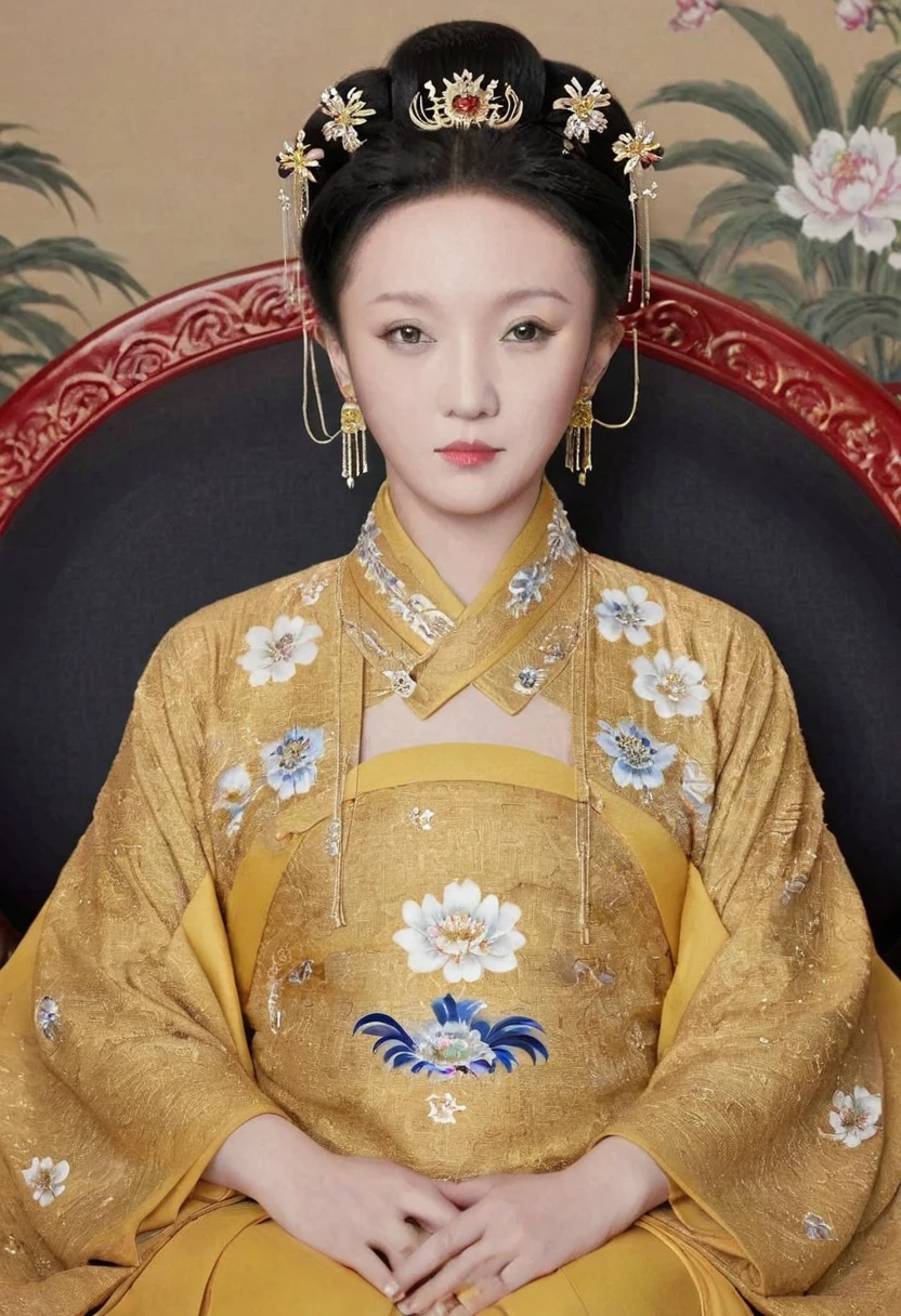 From the pre-Qing period, The Empress sits naked on a large golden sofa in the palace, Her legs were spread, At the Chinese court during the Qing Dynasty, Empress of the Qing Dynasty, Wearing the great crown of the Chinese Empress, Belly and thighs visible from below.。She is completely naked, Showing off gorgeous large flowers and hairpins, She tied her hair up and pulled it up, 背景はEmpress of the Qing Dynastyの豪華な宮殿.