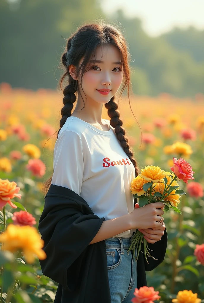 1 girl, Korean with beautiful skin, well-groomed face, flowers, roses, solo, outdoor, field, white short t-shirt, long black shirt, with Santi name logo, holding, braided hair, flower field, Levis pants, realistic, brown hair, smiling , brown eyes, black hair, long, twintails, looking towards the viewer, standing, yellow flowers