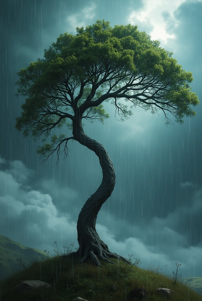 Resilience: Show a flexible tree bending but not breaking in a storm, illustrating the strength to bounce back from adversity.