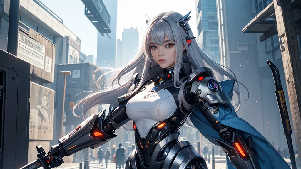 white  hair、Silver hair with pink gradients、long fluttering hair、strong breeze、Orange Eyes、radiant eyes、Evangelion Girl、small tit、Breasts are small and B size、The face and chest are alive、Cleavage is visible。photoRealstic、portfolio、Evangelion-style metal mecha suit、an oppai cyberpunk、Gothloli detailetalic、detailed mechanical components、Bundle of thin tubeetal cylinder、Detailed neon、Fine LED、Top quality microcomponents、Delicate orange and black suit wrapped in machine、A large mechanical weapon protecting her in the background、Hair that flutters in the wind、full body