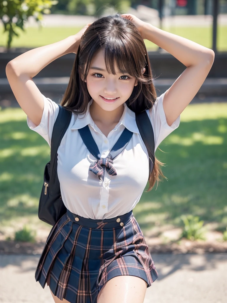 masterpiece,Highest quality,1 girl,Cowboy Shot,Front view,Young and cute Japanese,smile,lunch break,((Schoolyard,A large number of,Same age,Excited students:1.5)),Schoolgirl uniform,Summer clothes,wear,wear a super super short blue plaid pleated micro mini skirt,No underwear,Very cute face,Glossy Lips,Big eyes,Brown eyes,Double eyelids on both eyes,(Natural Makeup),Shiny, smooth, long light brown hair,Asymmetrical bangs,Center image,8k resolution,Attention to detail,Detailed hairstyle,Detailed face,Cinema Lighting,Octane Rendering,Ultra-realistic,Perfect limbs,Beautiful legs,Voluptuous thighs,Huge breasts,(Glowing Skin,Sweaty:1.3)Perfect Anatomy,Spread your legs,((Provocative dynamic pose:1.5)),Skirt flip