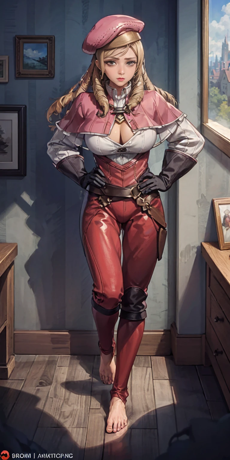 masterpiece, best quality, full body, barefoot, solo, female, big breast, feforrest, beret, pink capelet, pink tunic, white pants, brown gloves, upper body, looking at viewer, shy, from above, mansion, room, finely decorated room, pink theme, big breast but cover, hands to hip