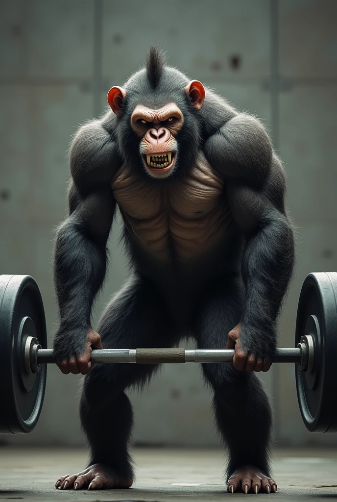 muscular monkey, barbell exercise, angry face, bodybuilder, 8k
