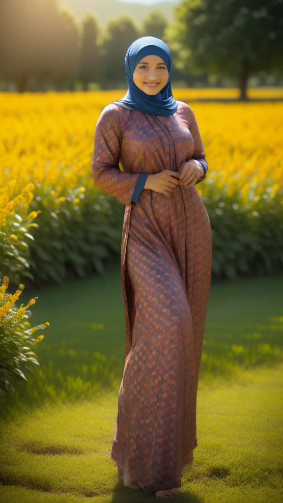 hijabi, Best quality, masterpiece, ultra high res, (photorealistic:1.4), raw photo, 1girl, tight batik dress, framing by flower field, glowing skin, light smile, low angel, pose as pro
