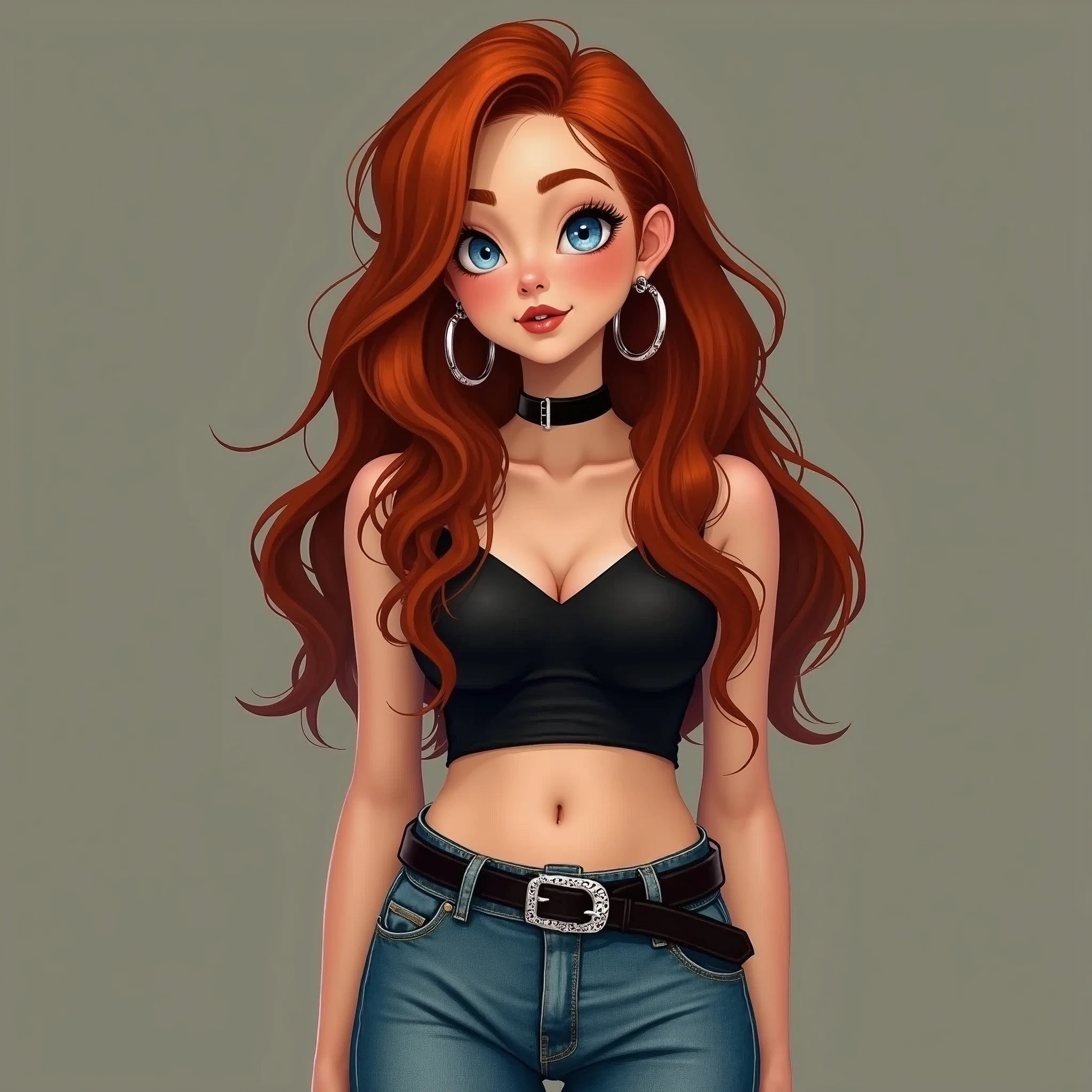 An 18-year-old red-haired girl wearing a black top and high-waisted jeans with a belt, thick legs, and large earrings, showing her belly button in a T-shape.