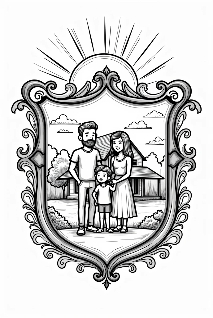 A simple but beautiful family crest to color, featuring elements within the shield such as a house with people in front holding hands with a sunny sunset landscape that symbolizes the family.