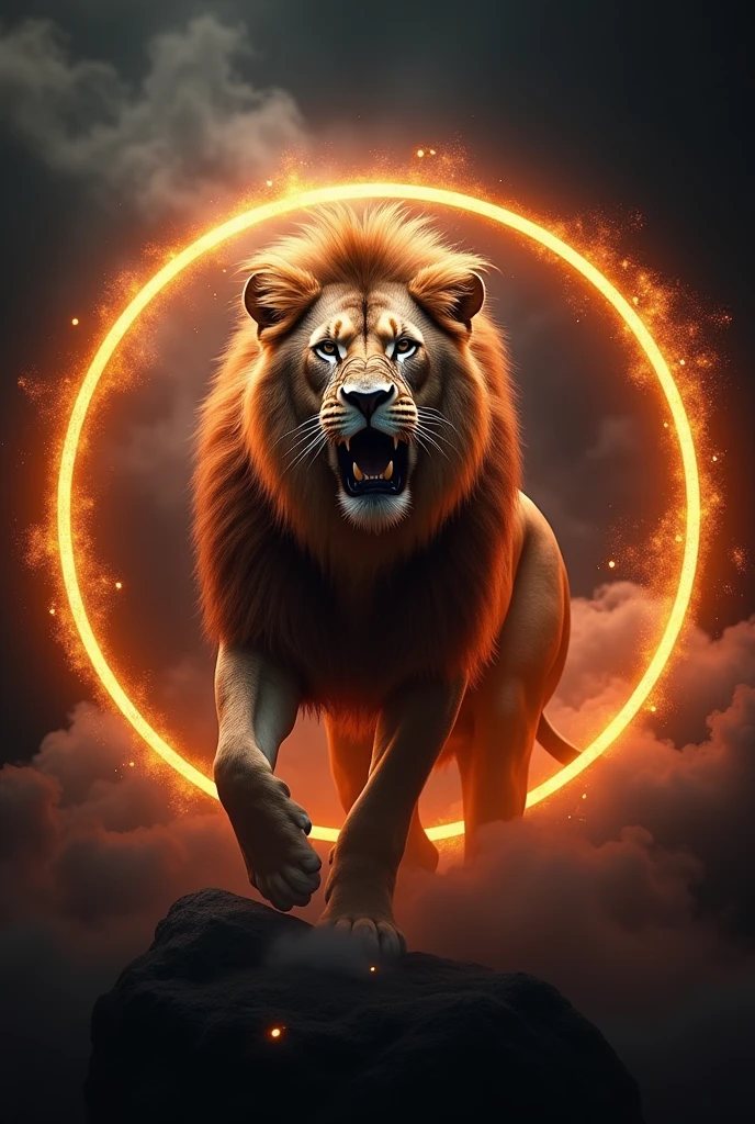 A lion roars within a circular logo. Golden lettering reads ‘MARTIN’. 4k with smoke and orange lights.