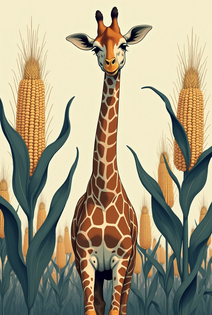 Giraffe with a background of large corn kernels , for drawing on a denim jacket , in a minimalist way