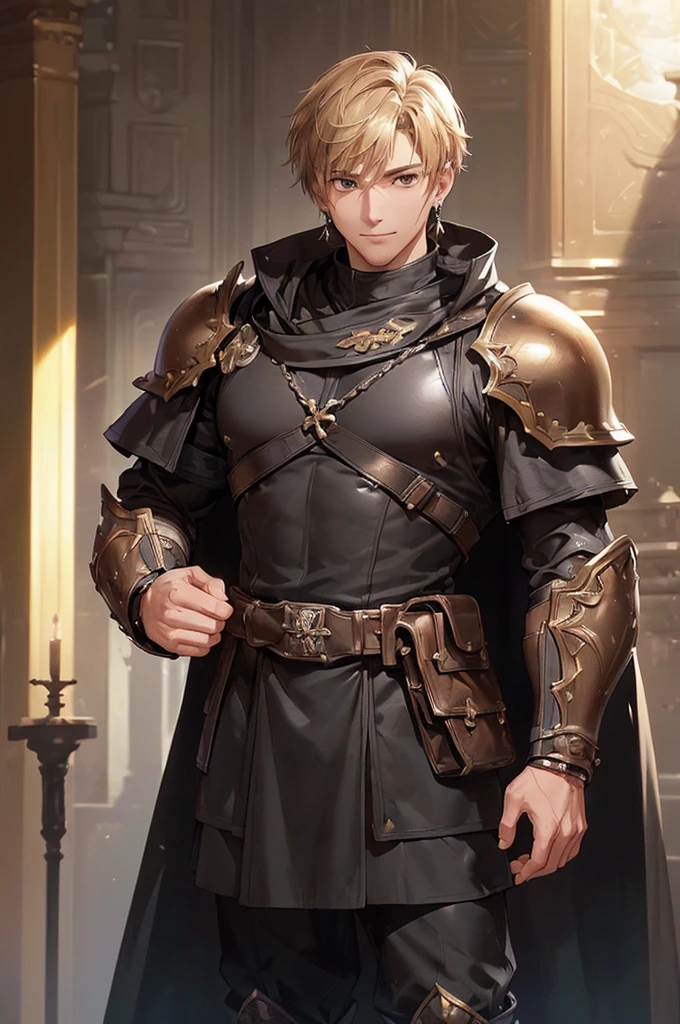 (((masterpiece; best quality: 1.2))), (detailed eyes: 1.3), ((1 young man)), ((solo)), (brown eyes: 1.4), (body shape; lean, masculine, manly face: 1.3), (short blond hair: 1.3), (clear background: 1.2), ((depth of field)), (equipment: masculine adventurer garb + hard-leather armor + black tunic + black cape +black stud earring: 1.3), (anime illustration: 1.2), (background composition; fantasy tavern interior + furniture: 1.1), (handsome: 1.1), (shot composition; standing + centered on face + bust close-up: 1.5), (facial expression; calm + smile: 1.2)