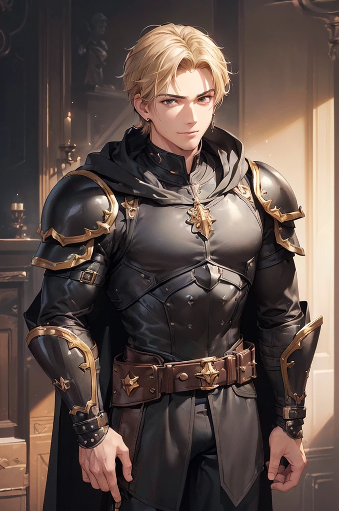 (((masterpiece; best quality: 1.2))), (detailed eyes: 1.3), ((ung man)), ((solo)), (brown eyes: 1.4), (body shape; lean, masculine, manly face: 1.3), (short blond hair: 1.3), (clear background: 1.2), ((depth of field)), (equipment: masculine adventurer garb + hard-leather armor + black tunic + black cape +black stud earring: 1.3), (anime illustration: 1.2), (background composition; fantasy tavern interior + furniture: 1.1), (handsome: 1.1), (shot composition; standing + centered on face + bust close-up: 1.5), (facial expression; calm + smile: 1.2)