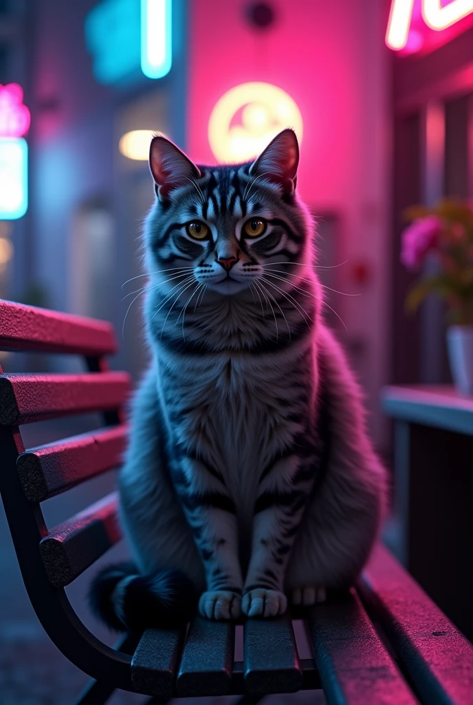 Create me a cat sitting on a bench, neon lights at night, low light, 8k, high resolution, the well-detailed cat, ultra-realistic cinematography