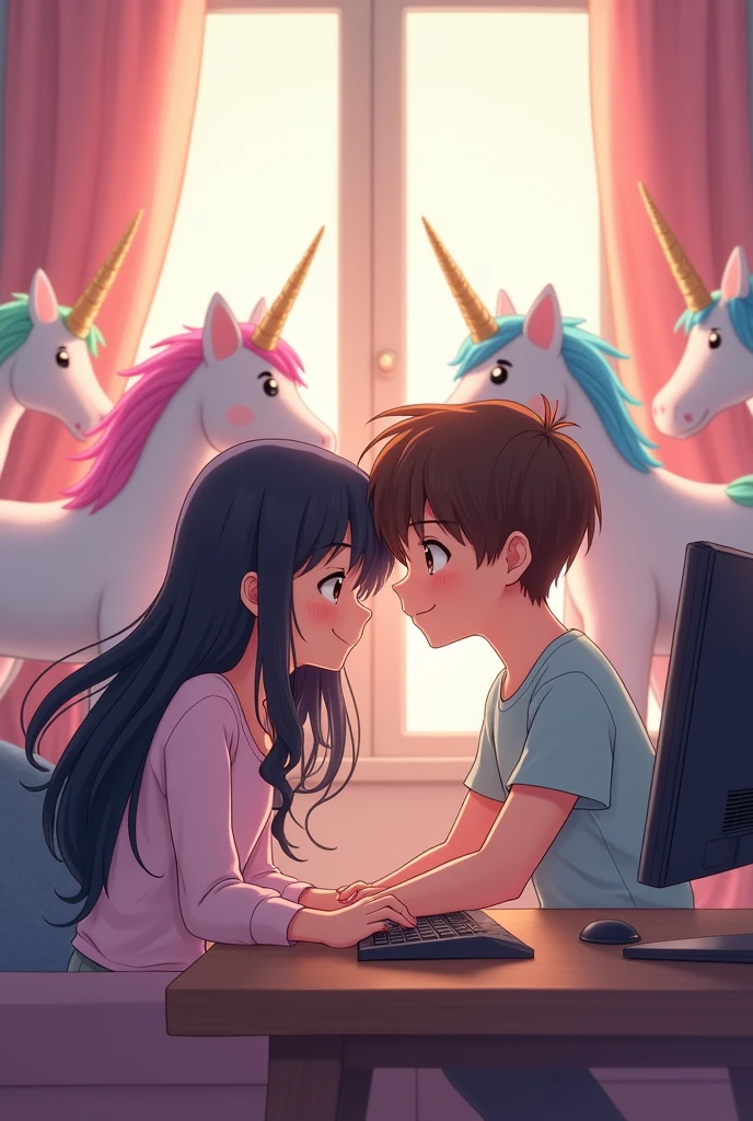 anime, couple, girl hair black, boy hair brown, play minecraft, love, unicorns cutes, pc,