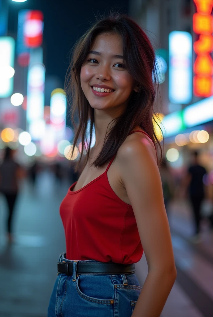 1girl, solo ,masterpiece, best_quality, photoshoot, looking at camera, young adult , happy expression, (porcelain skin), brown eyes, (black hair), (messy hair), red and blue dress, jeans, white skin, night, jakarta background, Standing with bent legs, instagram trendings, clean