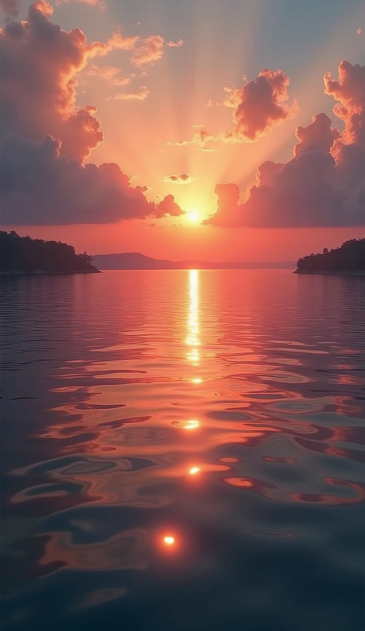 (work of art:1.2,highest quallity,ultra-high resolution,very detailled,realisitic,RAW Photos:1.2,Elaborated photos),8k,wall-paper,(ray tracing),Japan,(majestic river,Beautiful water surface,Light Diffuse Reflection,Calm,healing,gentle sunset,A huge sunset reflected in the water),A photo expressing clouds and flowing water