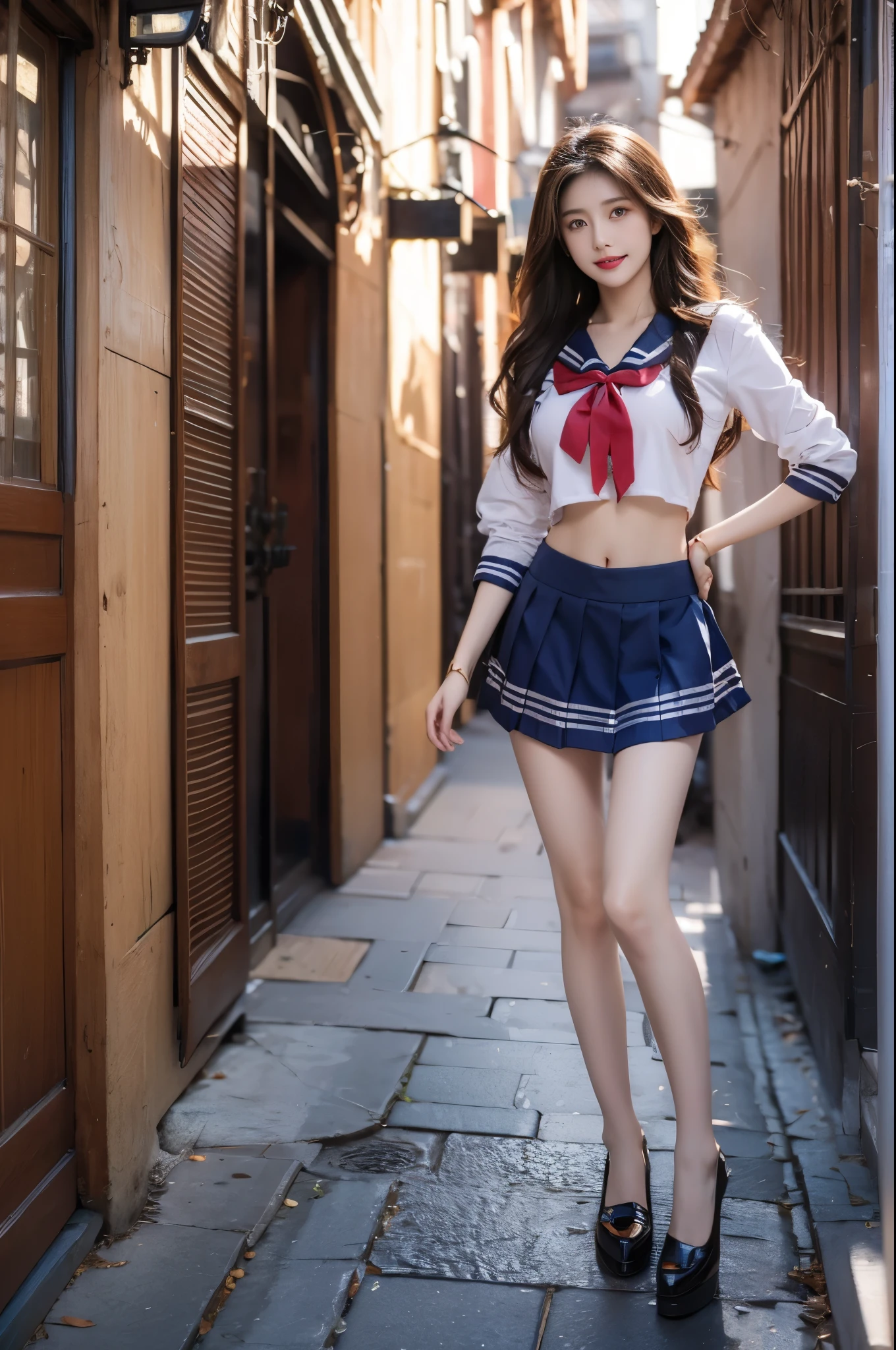 qingquxiaofu school uniform, serafuku, crop top, pleated skirt,miniskirt, (best quality, masterpiece:1.2), tianfeng1, Extremely detailed, (Practical:1.37), beautiful, youth, Charming female model, sweet smile, Sweetheart girl, Warm colors, ((Full body view，Bend your knees naturally，Skin is firm and smooth)), ((Random scenes，Random shooting angles)), ((Elegant and natural gesture)), (big eyes, Exquisite eyes, Delicate lips, Exquisite eyes), Available in white and floral pattern, Show a bright smile, fit, Full breasts, ((Large Breasts)), Long legs, Create a stunning photo of a girl