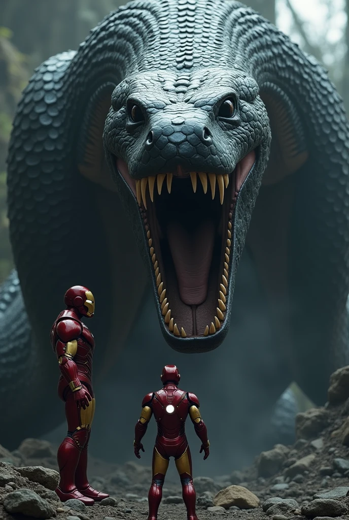 Ironman afraid from very big anaconda and fall in front of a very big black anaconda and hissing his hands