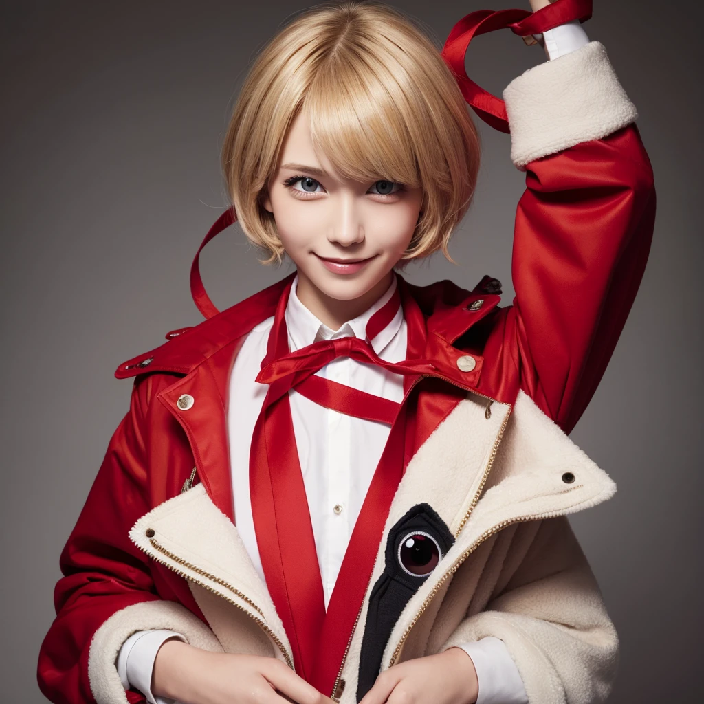 high quality, 最high quality, masterpiece, Absurd, red_Jacket, ribbon, red_eye, blonde_hair, short_hair, hair_ribbon, smile, One person, Torn clothes, cloth,  