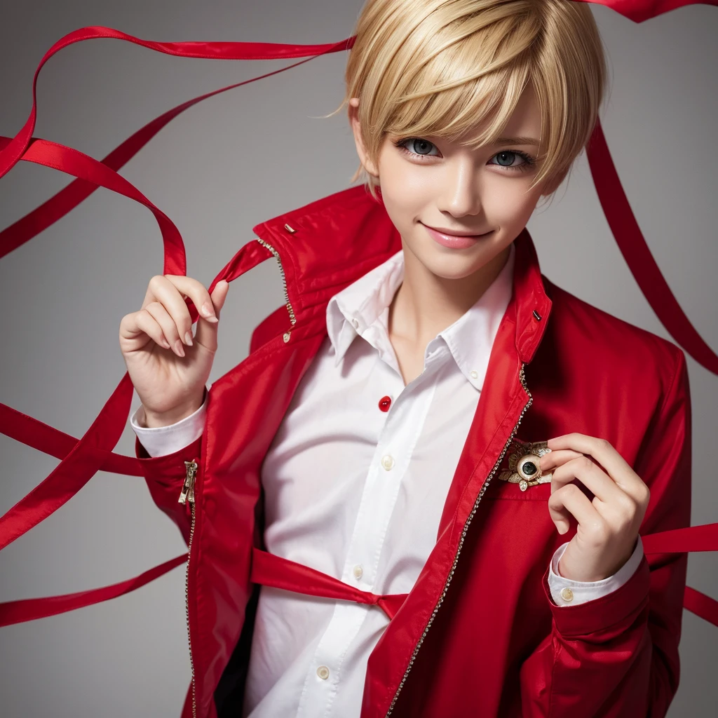 high quality, 最high quality, masterpiece, Absurd, red_Jacket, ribbon, red_eye, blonde_hair, short_hair, hair_ribbon, smile, One person, Torn clothes, cloth,