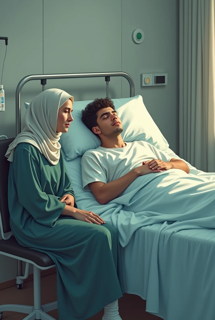 Boy age of 18 year old, sleep on hospital bed, Muslim women, seat on chair side of bed
